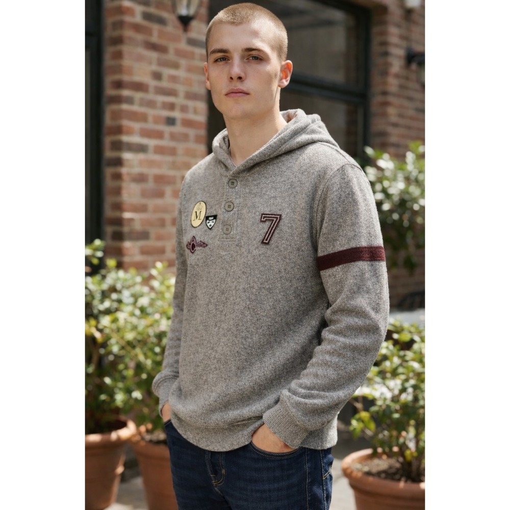 Vintage Guess Hoodie‎ Sweater Gray Patchwork Crest Logo Pullover Henley Hooded L